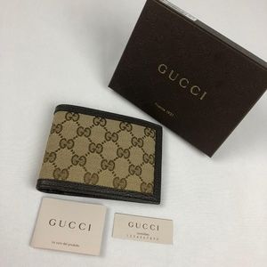 NWT Gucci Men's Calf Leather Canvas Wallet W/ ID